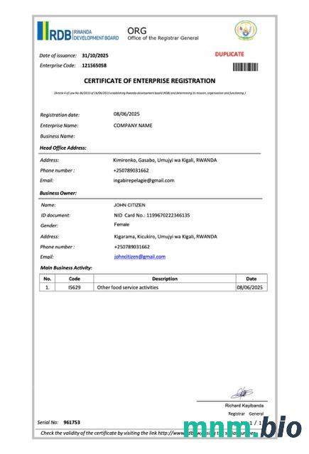 Rwanda vcertyfikat of enterprise registration Word i szablon PDF, version 2